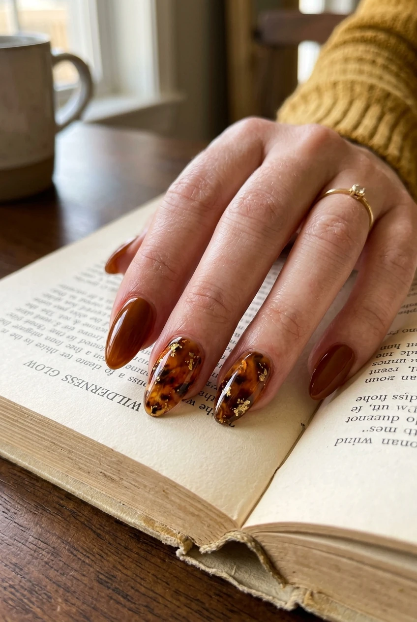 2. Amber Tortoiseshell Pattern with Gold Leaf Flakes - october nails (AI Generated Image)