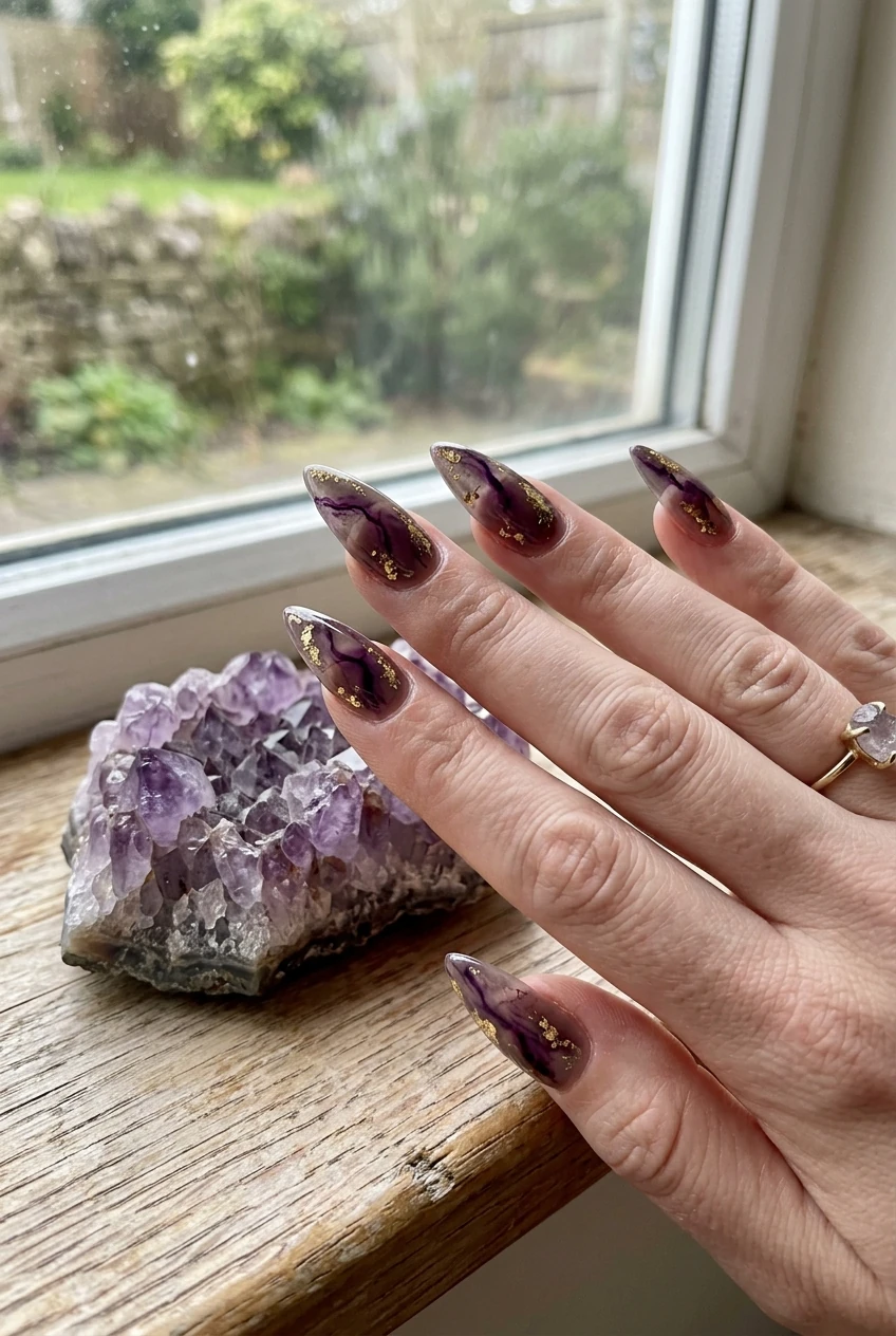 10 Dark Feminine & Witchy Nails to Channel Your Inner Gothic Glam 16 4. Amethyst Geode Crystal Marble on Sheer Smokey Quartz - witchy nails (AI Generated Image)