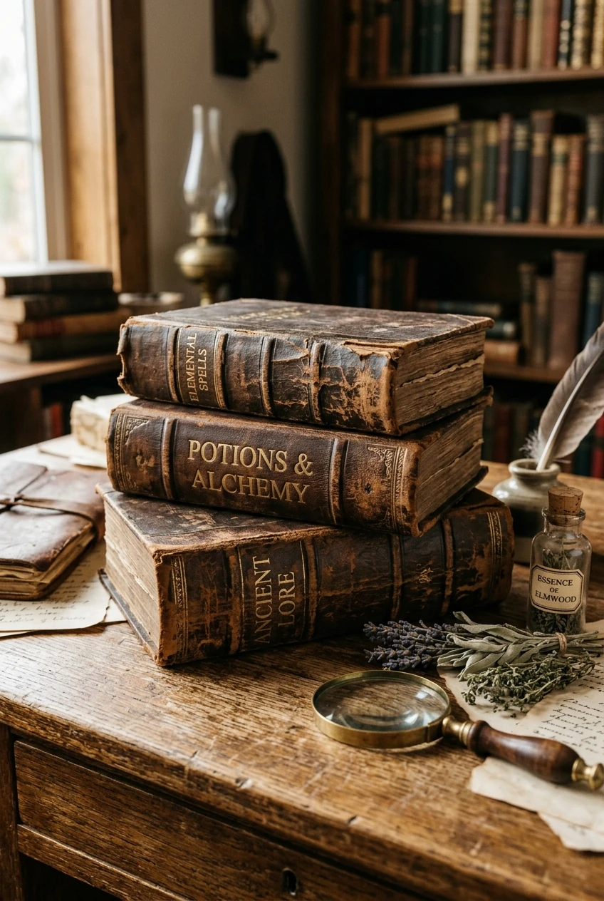 9. Aged Leather & Gold-Embossed Spellbook Stack - halloween crafts (AI Generated Image)