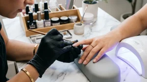 Close-up of a meticulous gel nail application station, hands applying builder gel with a fine liner brush creating a smooth apex, and LED UV lamp.