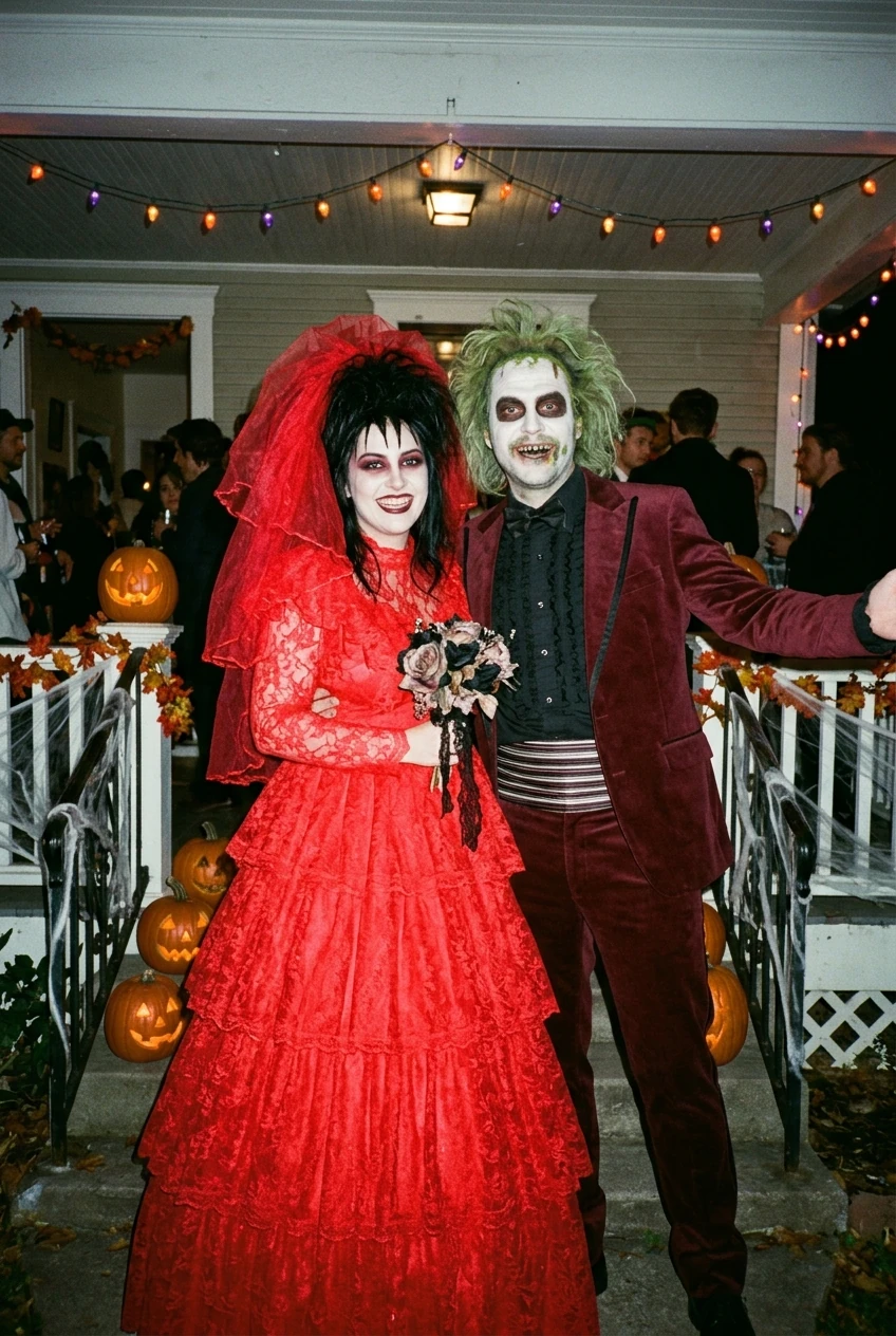 10 Creative Couples & Duo Halloween Costumes That Will Win Every Contest 13 1. Beetlejuice & Lydia Deetz Red Wedding Duo - couples halloween costumes (AI Generated Image)
