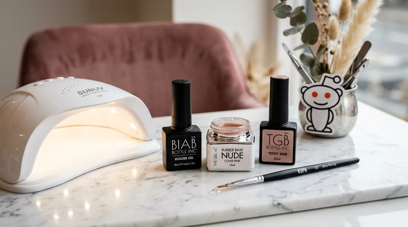 Luxury aesthetic nail workstation showcasing Reddit favorite builder gels: BIAB bottle, potted rubber base, and LED curing lamp on white marble.