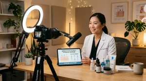 Modern content studio workstation with sleek camera setup, microphone, tablet displaying clinical dermatology skincare tutorials, and ring light.