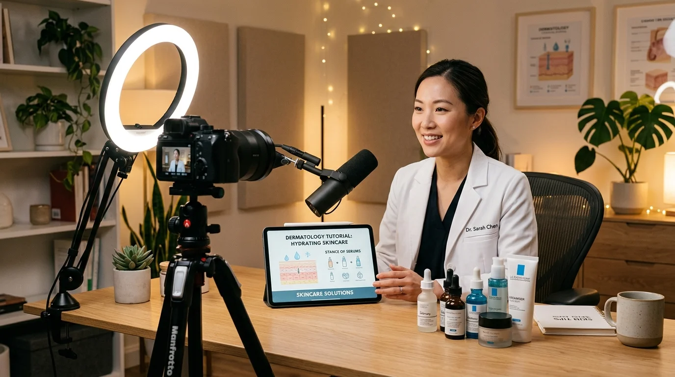 Modern content studio workstation with sleek camera setup, microphone, tablet displaying clinical dermatology skincare tutorials, and ring light.