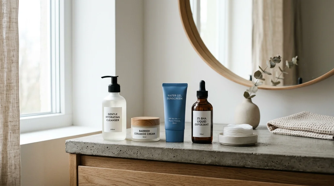 Minimalist aesthetic skincare vanity showcasing Reddit Holy Grail essentials: gentle cleanser, ceramide barrier cream, watery sunscreen, and BHA exfoliant.