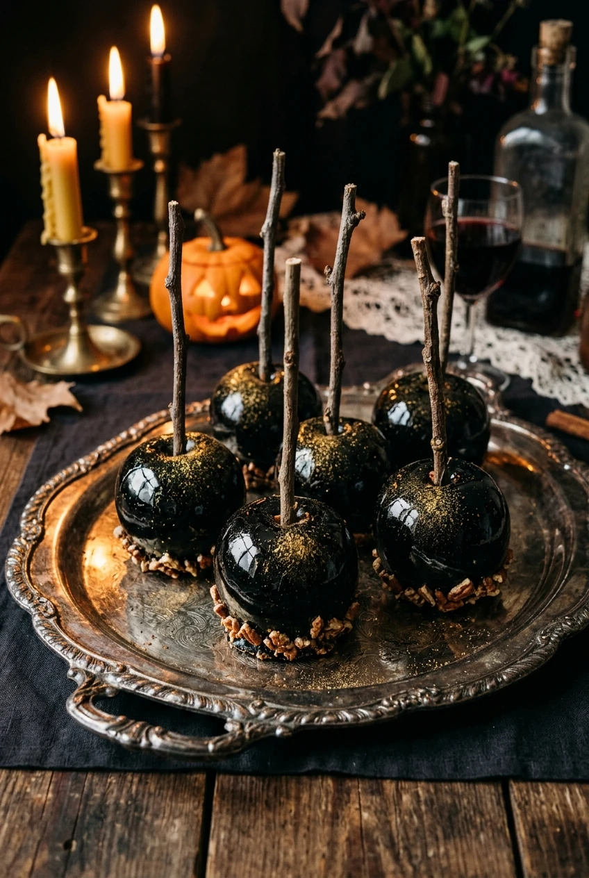 3. Glossy Obsidian Poison Candy Apple Station - halloween party ideas (AI Generated Image)