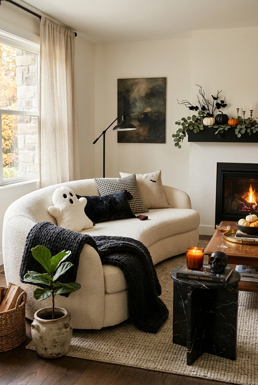 10. Bouclé Sofa Layered with Black Velvet & Ghost Cushions - halloween aesthetic (AI Generated Image)