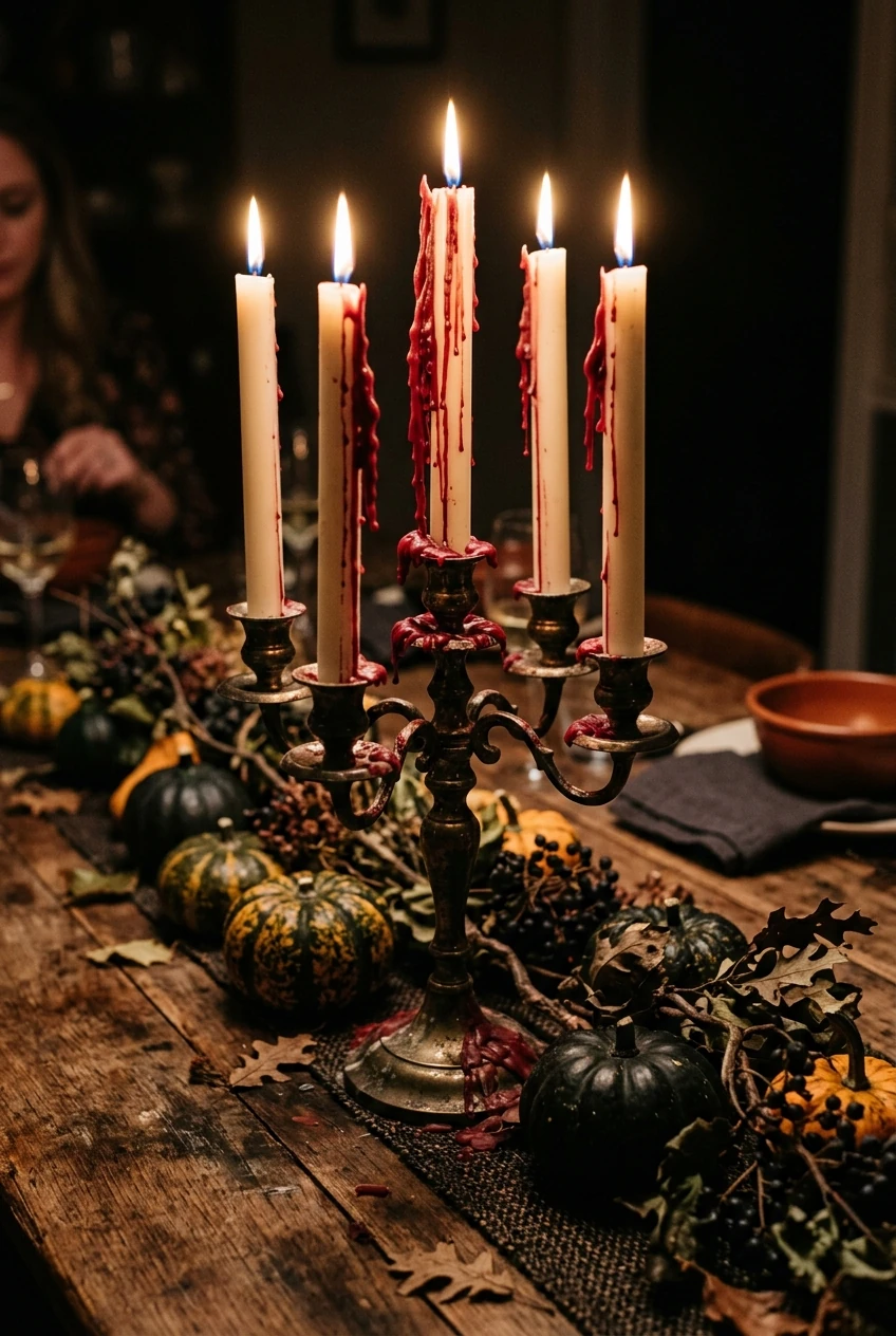 7. Bleeding Taper Candle Candelabra Centerpiece - halloween crafts (AI Generated Image)