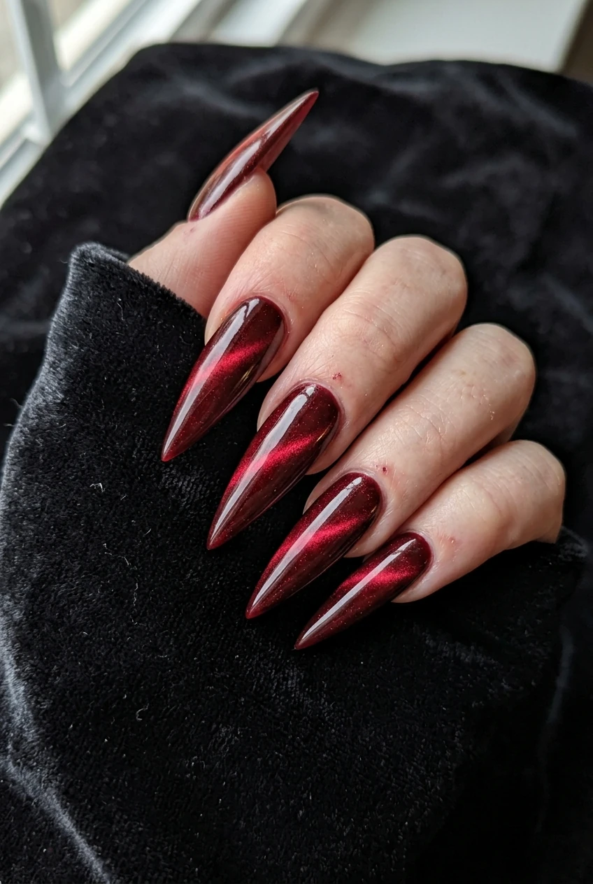 10 Dark Feminine & Witchy Nails to Channel Your Inner Gothic Glam 14 2. Blood Velvet Cat-Eye Dagger Stiletto Nails - witchy nails (AI Generated Image)