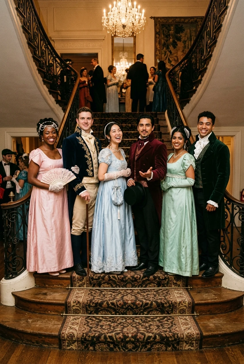 10 Creative Group Halloween Costumes for Trios, Squads & Families (2026) 22 10. Bridgerton Regency Society Ball Aristocracy - group halloween costumes (AI Generated Image)