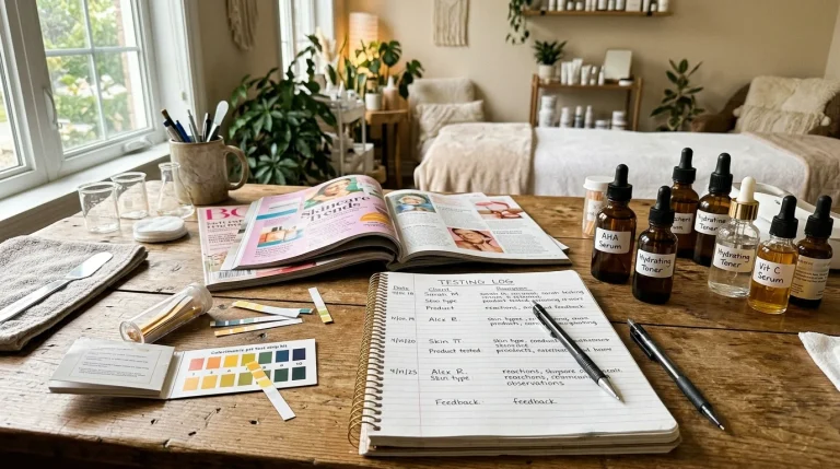 Independent beauty testing workstation with cosmetic beauty magazines, active skincare bottles, pH test strips, and clinical client testing logs comparing Britany Marshall Beauty methodologies with Allure.