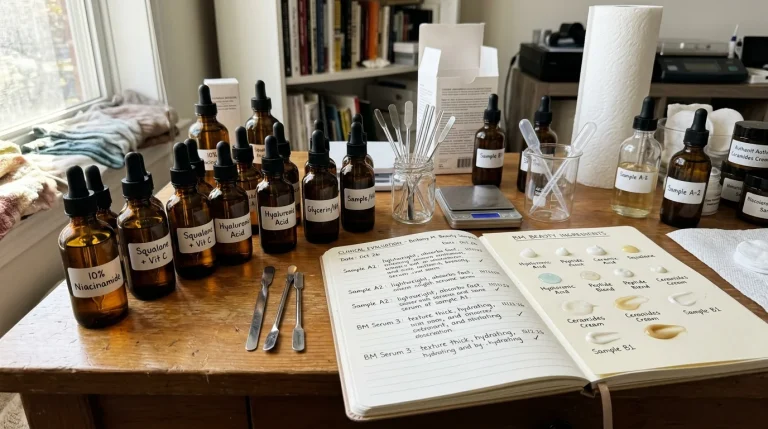 Independent clinical beauty testing workstation featuring active skincare serums, INCI ingredient analysis notebooks, and formulation test swatches comparing Britany Marshall Beauty methodologies against legacy beauty media.
