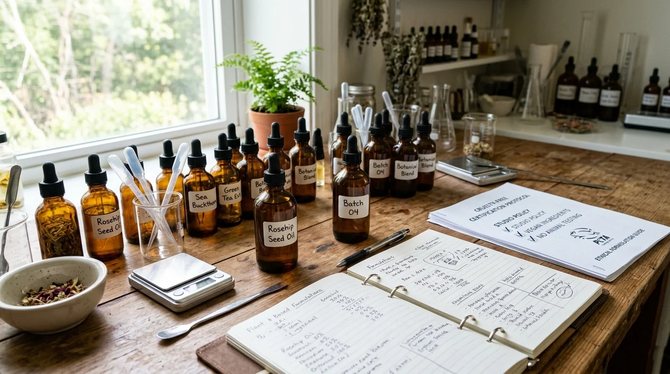 Britany Marshall Beauty vs Cruelty-Free Kitty: Unbiased Comparison, Features & Pricing (2026) 3 Ethical cosmetic formulation testing studio with botanical active skincare dropper bottles, cruelty-free cosmetic documentation on an esthetician desk, and clinical formulation journals comparing Britany Marshall Beauty and Cruelty-Free Kitty. (AI Generated Image)