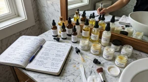 Home 55 Independent beauty testing vanity desk with open cosmetic testing journals, skincare glass dropper bottles and cream jars arranged on marble tiles beside a bathroom mirror.