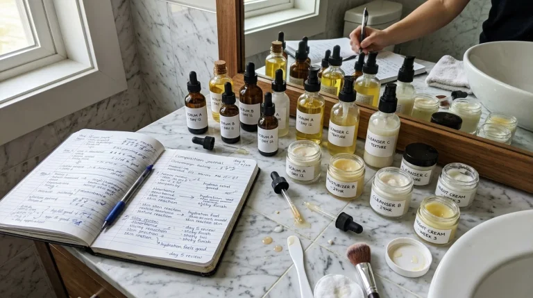 Independent beauty testing vanity desk with open cosmetic testing journals, skincare glass dropper bottles and cream jars arranged on marble tiles beside a bathroom mirror.