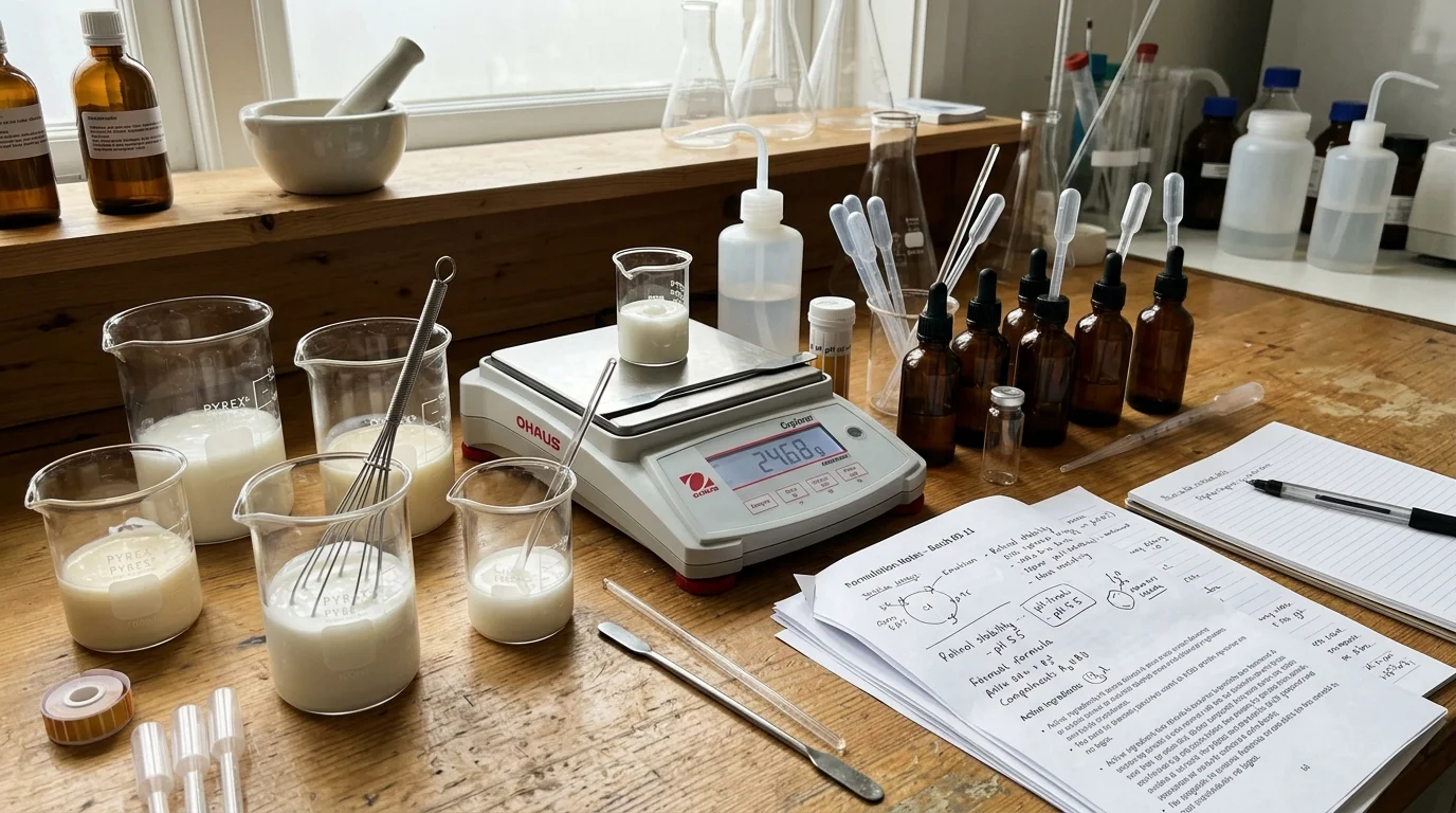 Britany Marshall Beauty vs Lab Muffin Beauty Science: Unbiased Comparison, Features & Pricing (2026) 3 Cosmetic science testing desk showing laboratory beakers with skincare emulsions, precision balance scale, open chemistry research papers, and skincare dropper bottles comparing Britany Marshall Beauty and Lab Muffin Beauty Science. (AI Generated Image)