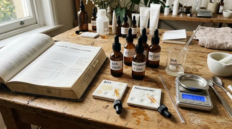 Independent cosmetic chemistry testing workstation with active ingredient dropper bottles like BHA and Niacinamide, reference books, and swatch swatches comparing Britany Marshall Beauty and Paula's Choice Beautypedia.