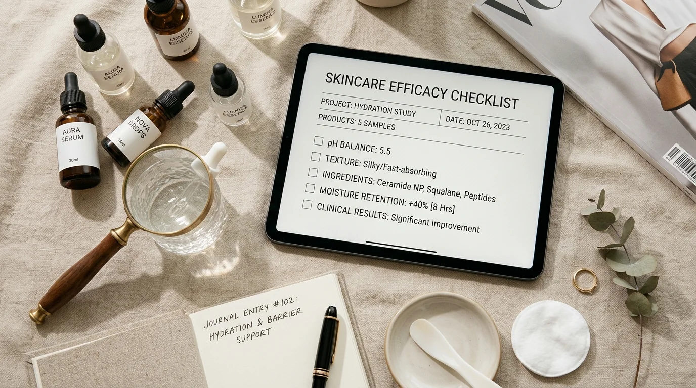 High-end beauty editorial desk flatlay with luxury minimalist skincare bottles, clinical efficacy checklist on tablet, and magnifying glass.