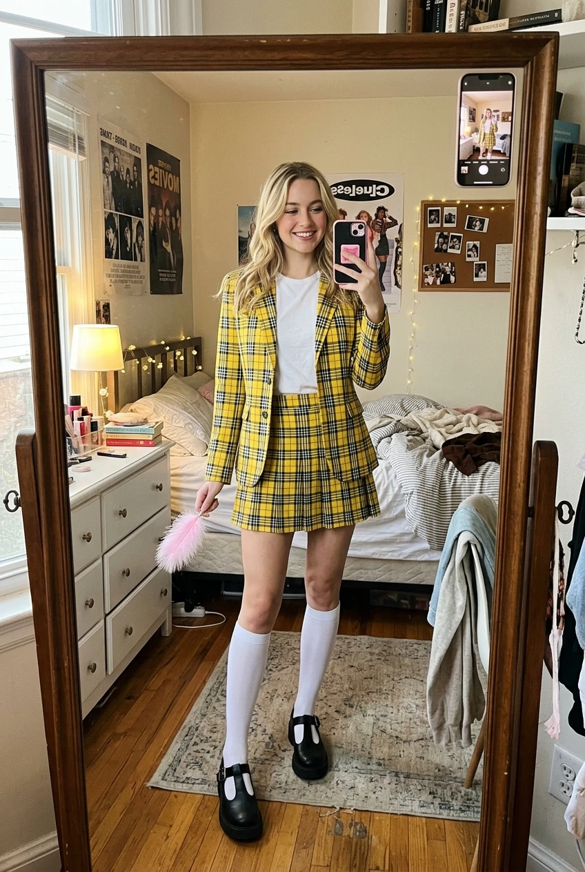 10 Cute Halloween Costumes for College & Trendy Solo Looks (2026) 14 2. Cher Horowitz Yellow Plaid Clueless Outfit - cute halloween costumes (AI Generated Image)