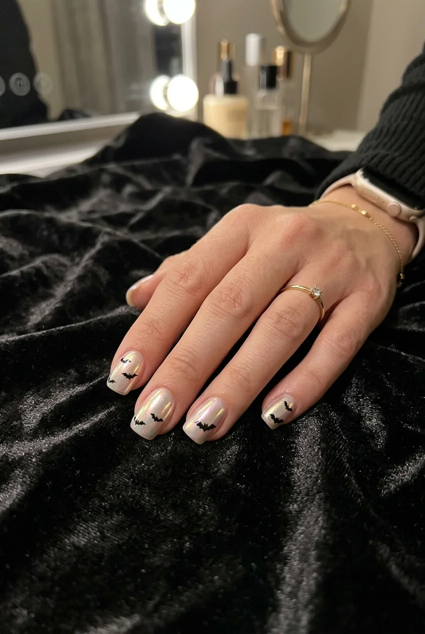 10 Cute & Simple Halloween Nails for Short Nails (Easy 2026 Inspo) 21 9. Chrome Stardust & Micro Bat Silhouettes - simple halloween nails (AI Generated Image)