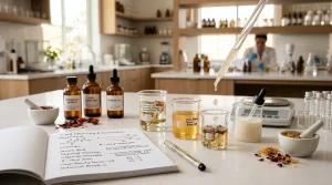 Home 45 High-end cosmetic science laboratory workstation with glass beakers containing botanical extracts and clean skincare emulsions, pipette droplets, and lipid chemistry notebook.