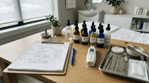 Home 49 Professional clinical esthetician treatment room desk with a clipboard containing patient treatment case study charts, medical skincare bottles, and diagnostic skin moisture meters.