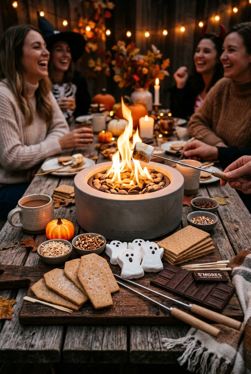 9. Coffin S'mores Board & Tabletop Ghost Roasting Fire - halloween party ideas (AI Generated Image)