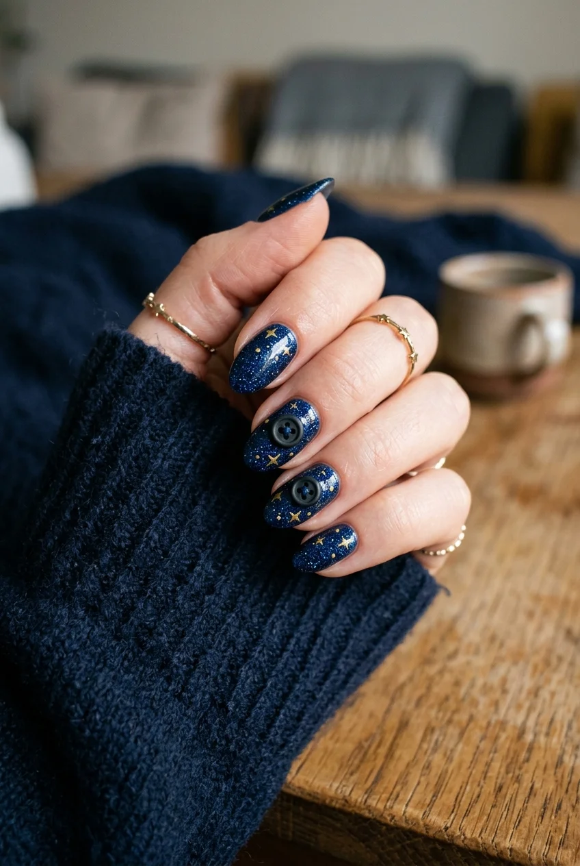 3. Coraline Button Eyes & Starry Midnight Blue Art - ghost nails (AI Generated Image)