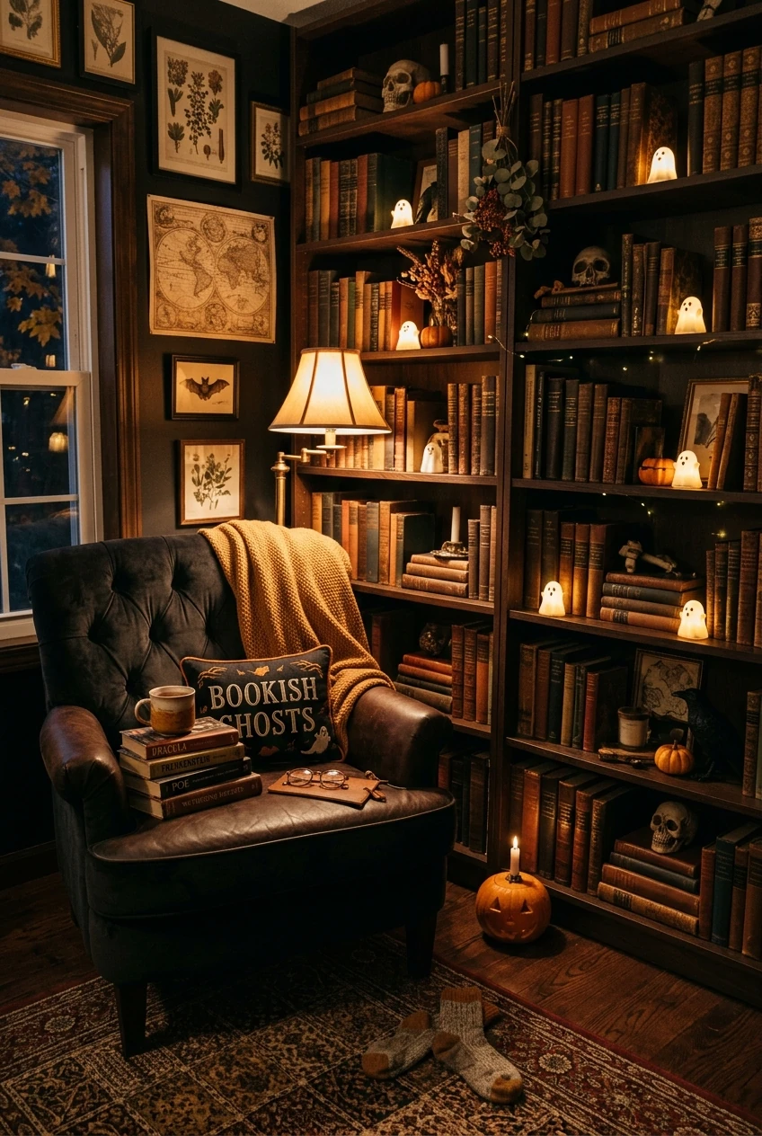 1. Cozy Dark Academia & Haunted Reading Nook - halloween aesthetic (AI Generated Image)