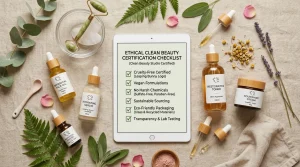 Ethical clean beauty studio flatlay with cruelty-free certified skincare bottles, tablet showing ethical certification checklist, fresh botanical leaves, and glass droppers.