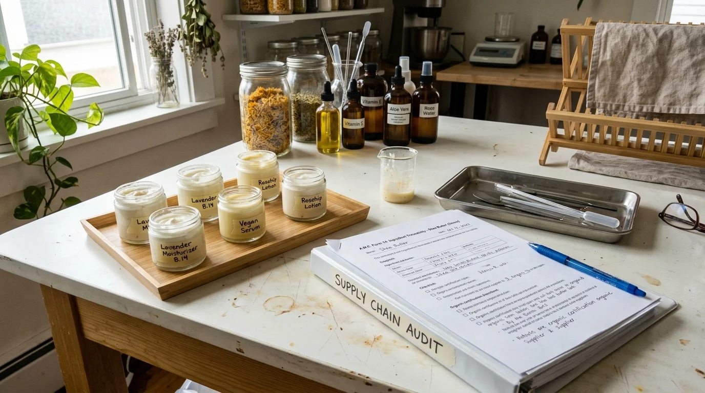 Britany Marshall Beauty vs Cruelty-Free Kitty: Unbiased Comparison, Features & Pricing (2026) 4 Esthetician laboratory table with vegan skincare emulsions in glass jars, cosmetic ingredient supply chain audit documents, and laboratory spatulas in soft natural daylight. (AI Generated Image)