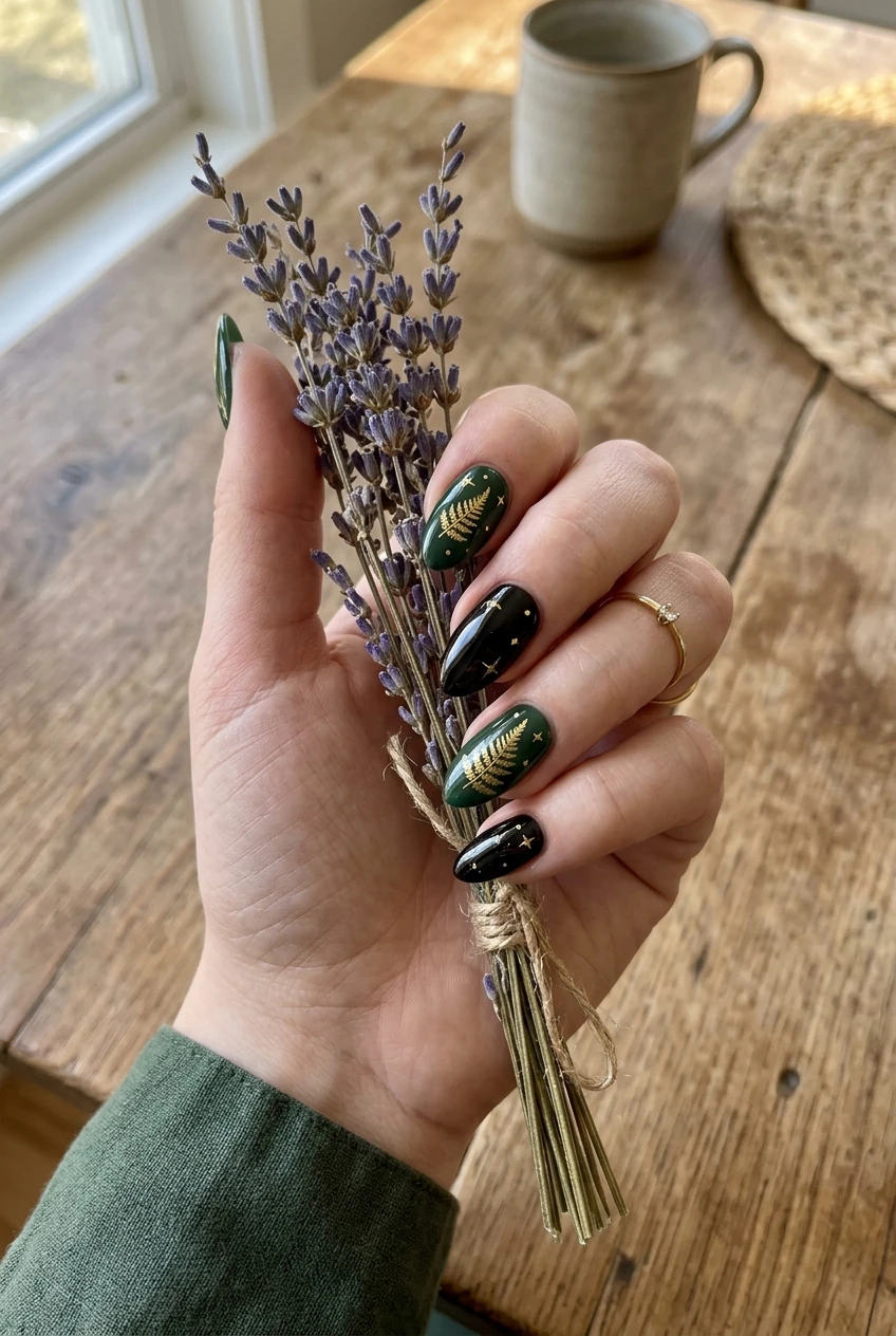 10 Dark Feminine & Witchy Nails to Channel Your Inner Gothic Glam 20 8. Dark Wiccan Botanical Fern & Moon Magic Nails - witchy nails (AI Generated Image)