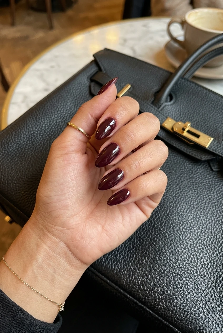7. Deep Burgundy Wine & Plum Almond Nails - october nails (AI Generated Image)