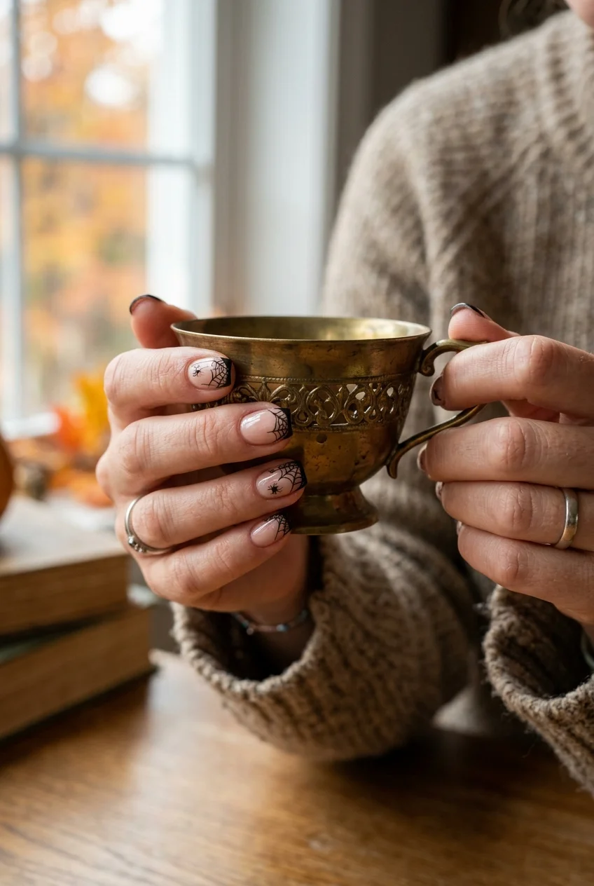 10 Cute & Simple Halloween Nails for Short Nails (Easy 2026 Inspo) 14 2. Delicate Spiderweb Micro-French Tips - simple halloween nails (AI Generated Image)
