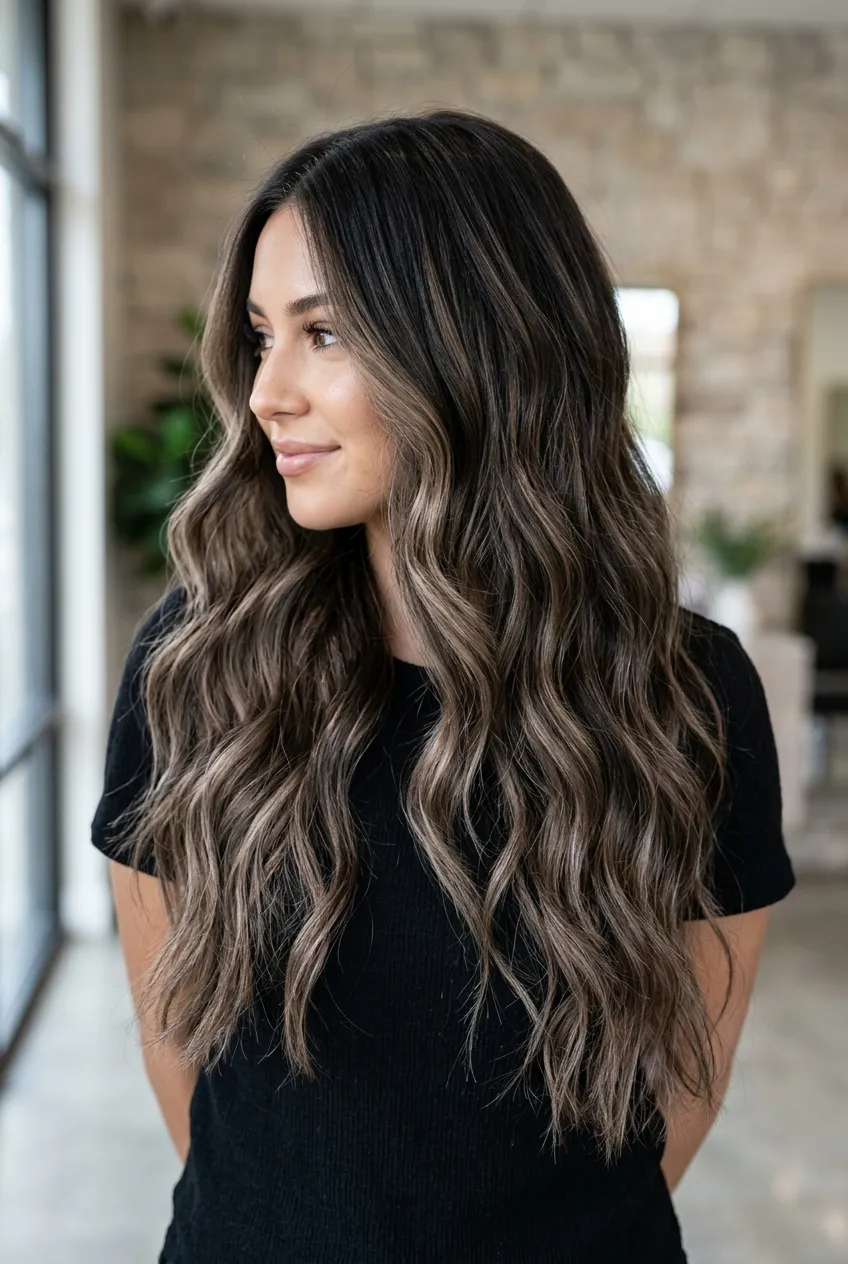Charcoal Espresso Balayage with Ash Brown Lived-In Ribbons - dimensional balayage long hair (AI Generated Image)