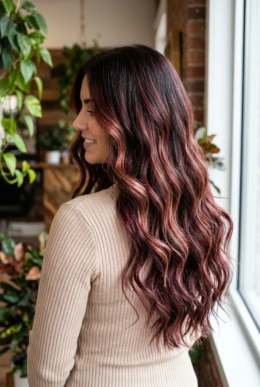 Cherry Cola and Rose Bronze Dimensional Balayage on Dark Bases - dimensional balayage long hair (AI Generated Image)