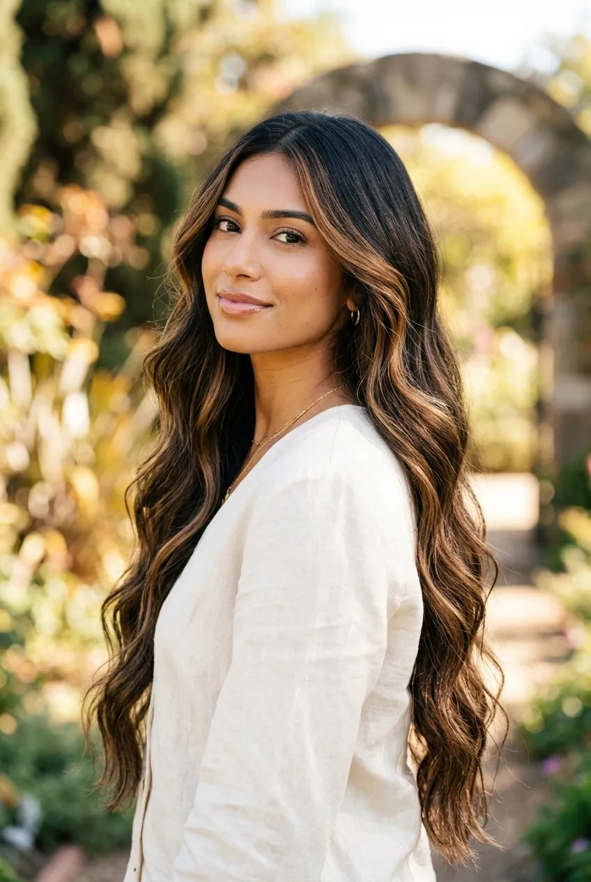 Expensive Brunette Balayage with Deep Espresso Negative Space - dimensional balayage long hair (AI Generated Image)