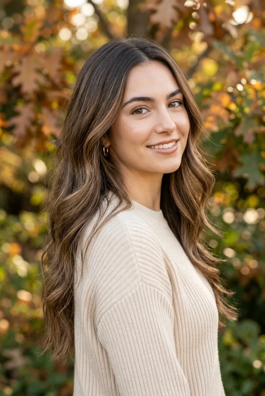 Subtle Hazelnut Babylights Balayage for Fine Long Hair - dimensional balayage long hair (AI Generated Image)