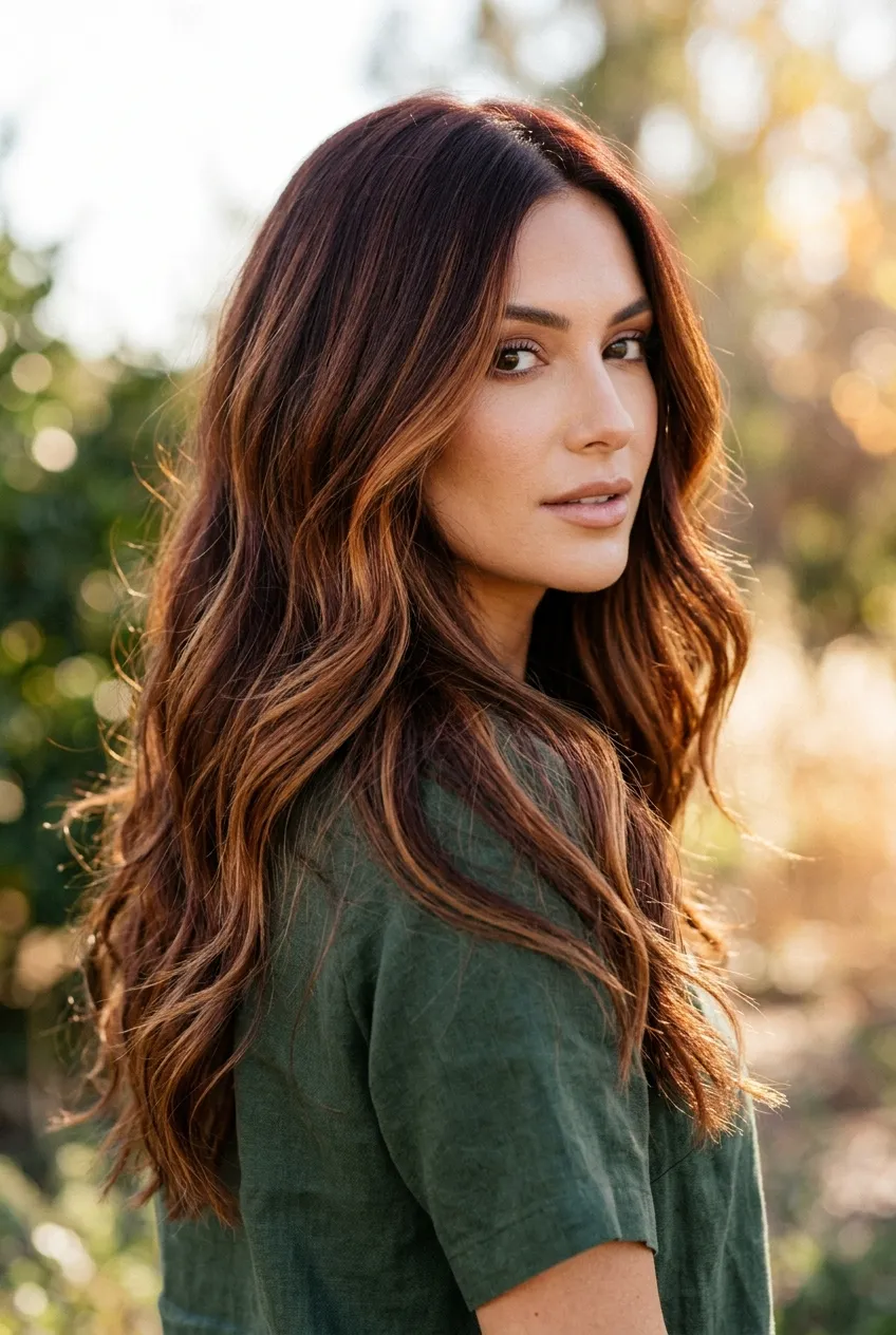 Deep Mahogany and Spiced Cider Balayage on Long Layered Locks - dimensional balayage long hair (AI Generated Image)