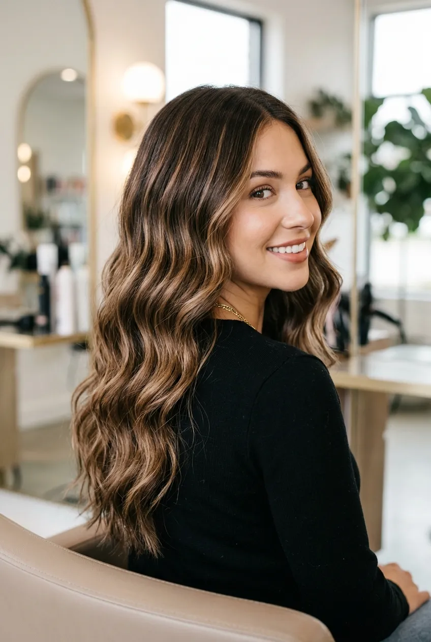 Rich Mocha and Milk Chocolate Dimensional Balayage with Soft Waves - dimensional balayage long hair (AI Generated Image)