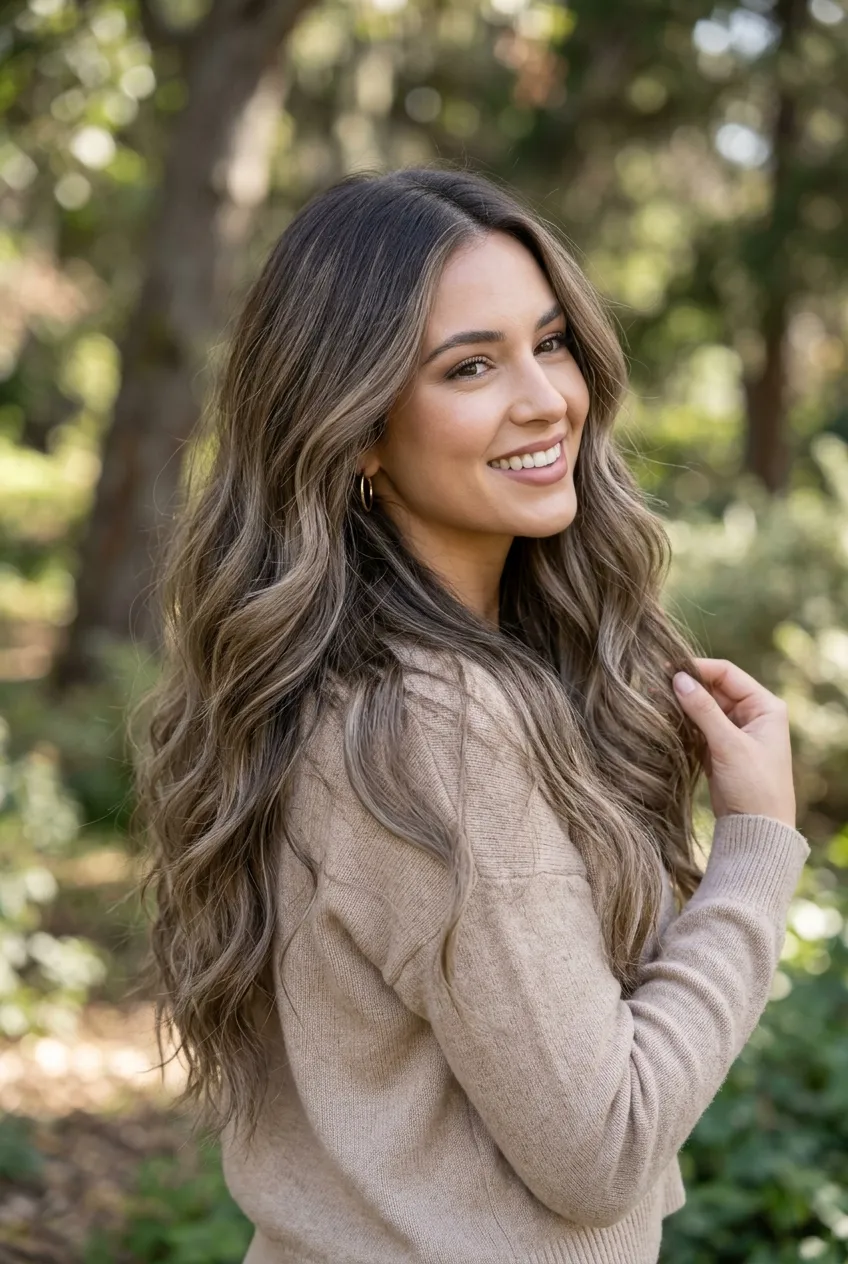 Smokey Mushroom Bronde Balayage with Soft Ash Undertones - dimensional balayage long hair (AI Generated Image)
