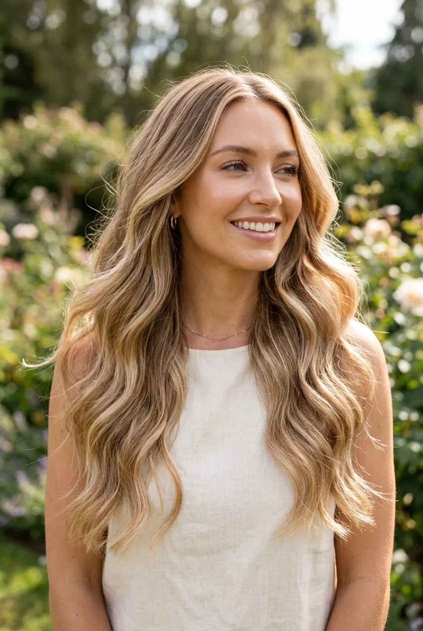 Pearl Champagne Foilyage on Long Honey-Blonde Tresses - dimensional balayage long hair (AI Generated Image)