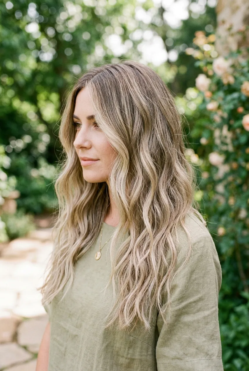 Sandy Beige Blonde Foilyage with Seamless Root Melting - dimensional balayage long hair (AI Generated Image)