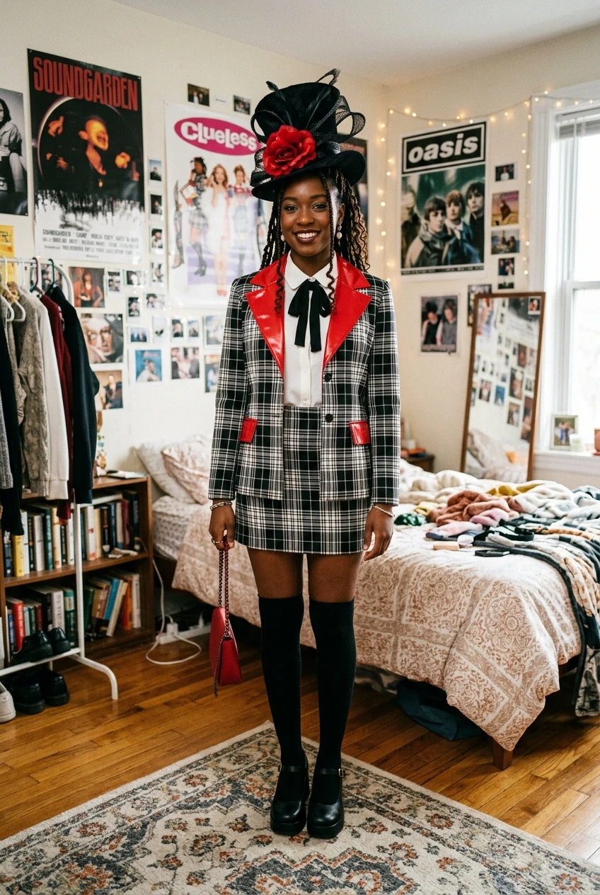 3. Dionne Davenport 90s Clueless Plaid & Top Hat - halloween costumes black women (AI Generated Image)