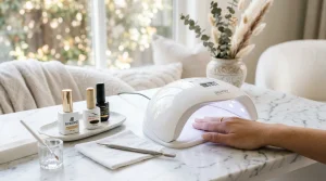 Modern at-home gel manicure setup with professional white UV LED lamp, builder gel bottles, and prep tools on marble desk