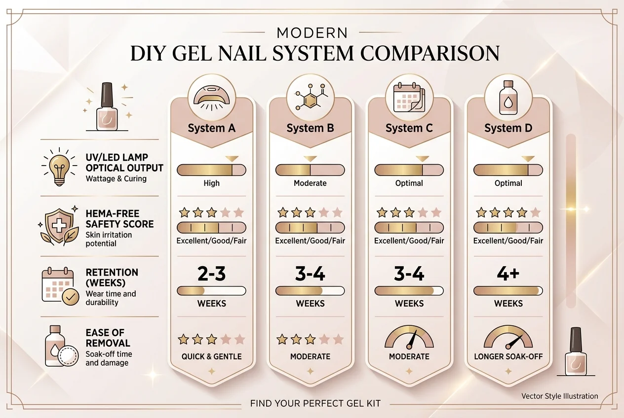 The Top Gel Nail Kits & Curing Lamps Praised in Private Support Communities (Facebook Consensus) 1 Modern DIY Gel Nail System Comparison Matrix Infographic Chart (AI Generated Image)