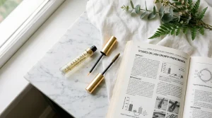 Luxury vanity flatlay featuring gold and glass eyelash growth serum applicator vials beside an open ophthalmology research journal on white marble.
