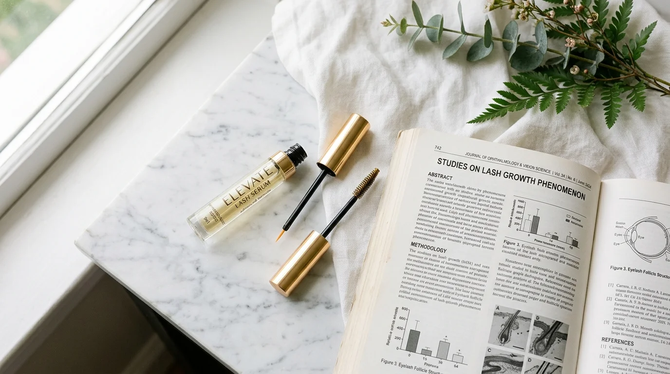 Luxury vanity flatlay featuring gold and glass eyelash growth serum applicator vials beside an open ophthalmology research journal on white marble.