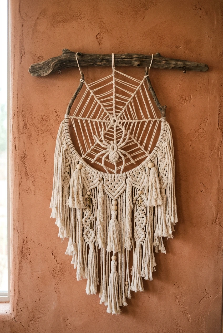 6. Driftwood & Cotton Cord Macramé Spiderweb Hanging - halloween crafts (AI Generated Image)