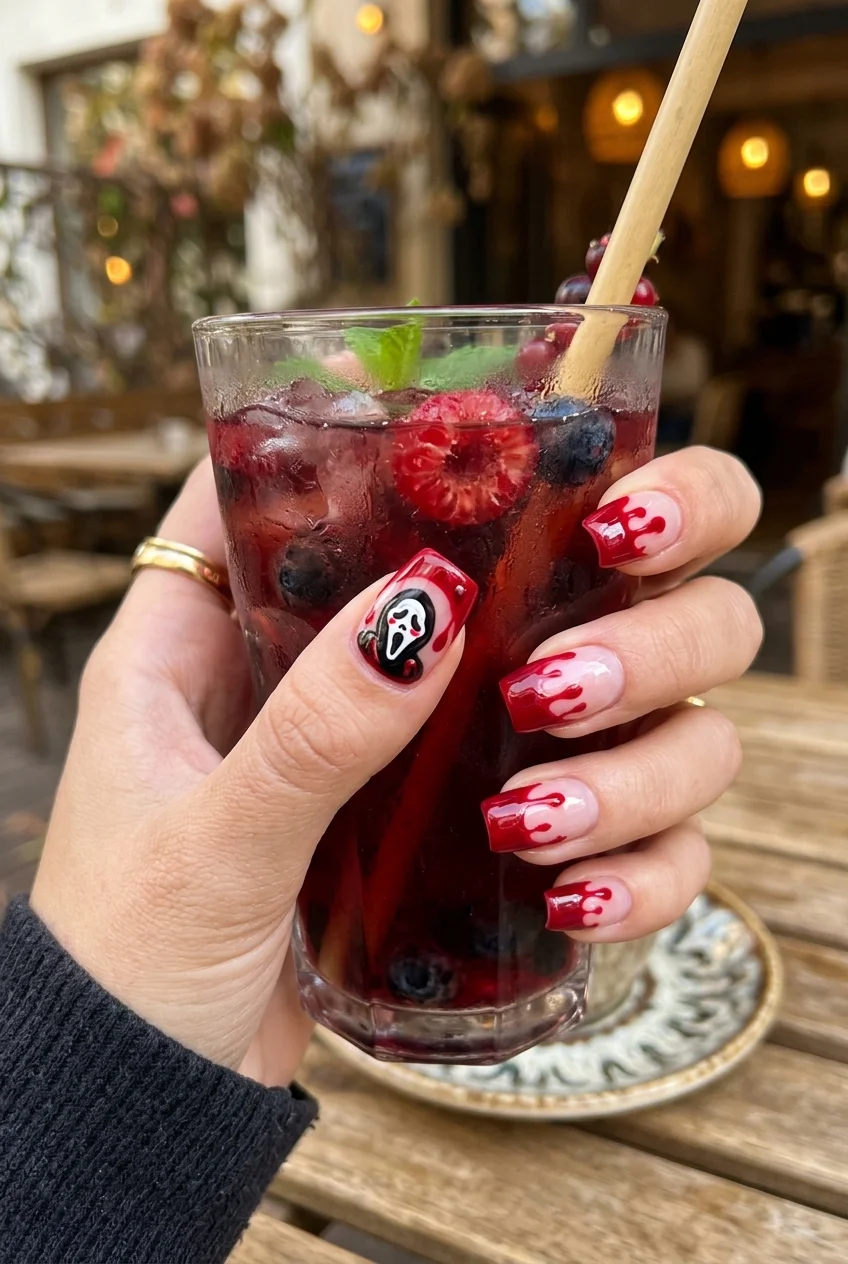 6. Dripping Blood Ghostface Slasher French Tips - ghost nails (AI Generated Image)